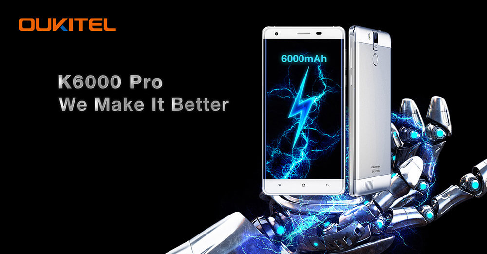 [HK Stock]OUKITEL K6000 Pro 5.5inch LTPS 2.5D FHD 4G 6000mAh Android 6.0 Smartphone 64-Bit MTK6753 Octa Core 3GB 32GB 16.0MP Touch ID Flash Charge OTG - White
