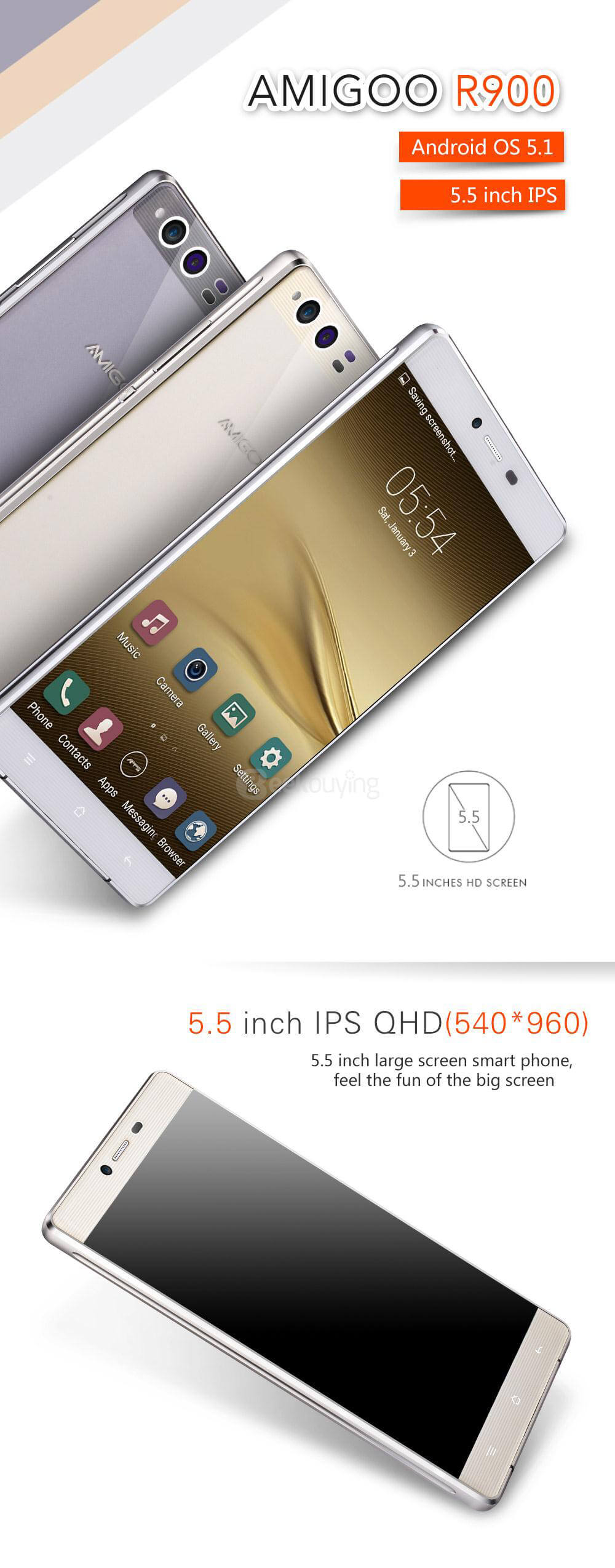 AMIGOO R900 5.5inch QHD IPS Screen 3G Android 5.1 MT6580 Quad Core Smartphone 1GB RAM 8GB ROM 8.0MP Camera 2000mAh WIFI GPS - White