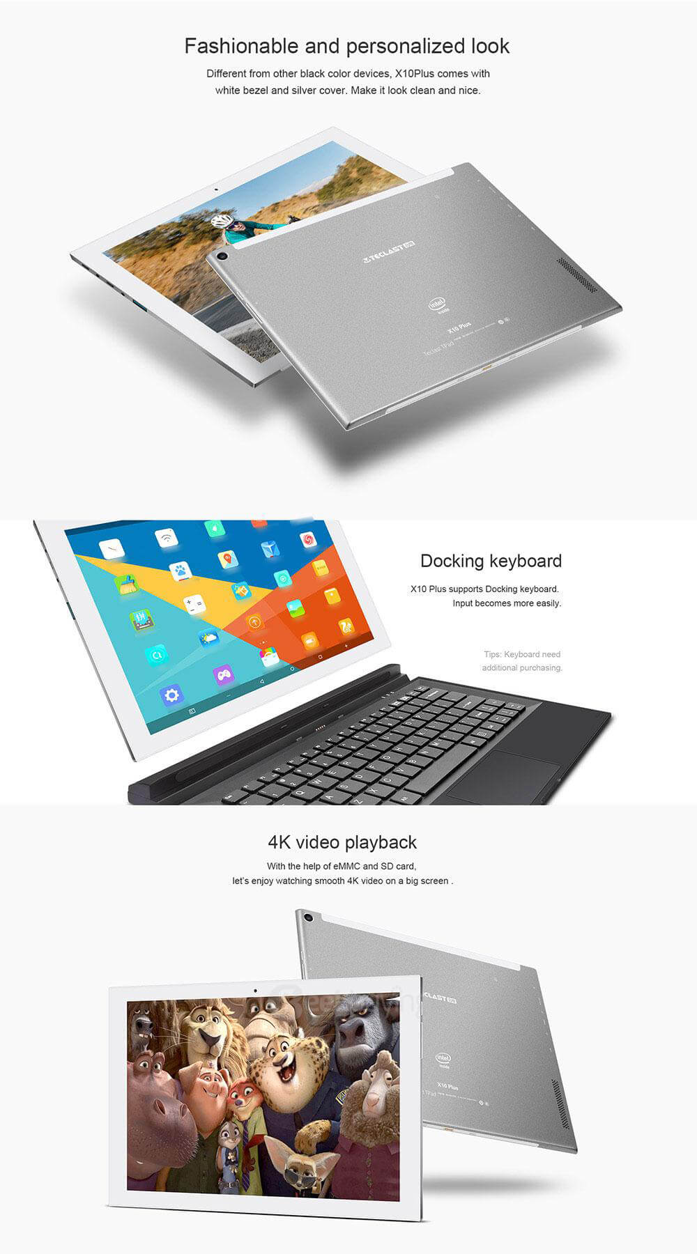 Teclast X10 Plus 10.1 inch Android 5.1 2GB/32GB 2 in 1 Tablet  PC Intel Cherry Trail Z8300 Quad Core 1.84GHz IPS 1280*800 - Gray