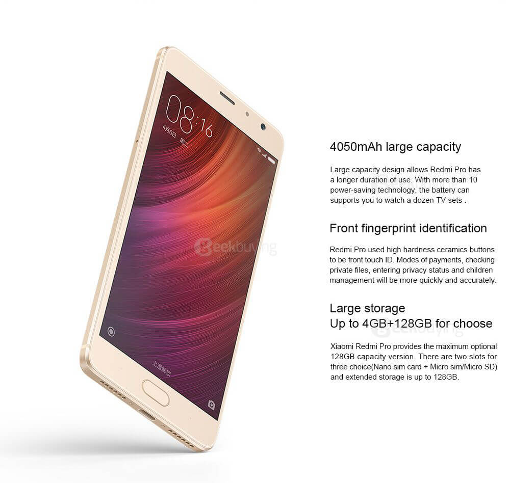 Xiaomi Redmi Pro 5.5inch OLED FHD Screen 4G VoLTE Android 6.0 Smartphone Helio X20 Deca Core 2.1GHz 3GB 32GB TOUCH ID Brushed Metal Body Type-C 4050 mAh - Gold