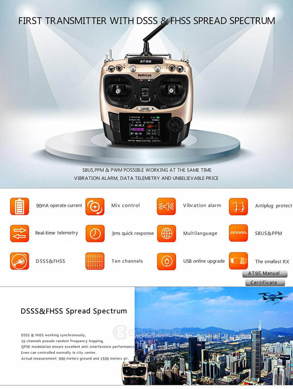 RadioLink AT9S 2.4GHz 10CH Upgrade Transmitter with R9DS DSSS&FHSS Receiver