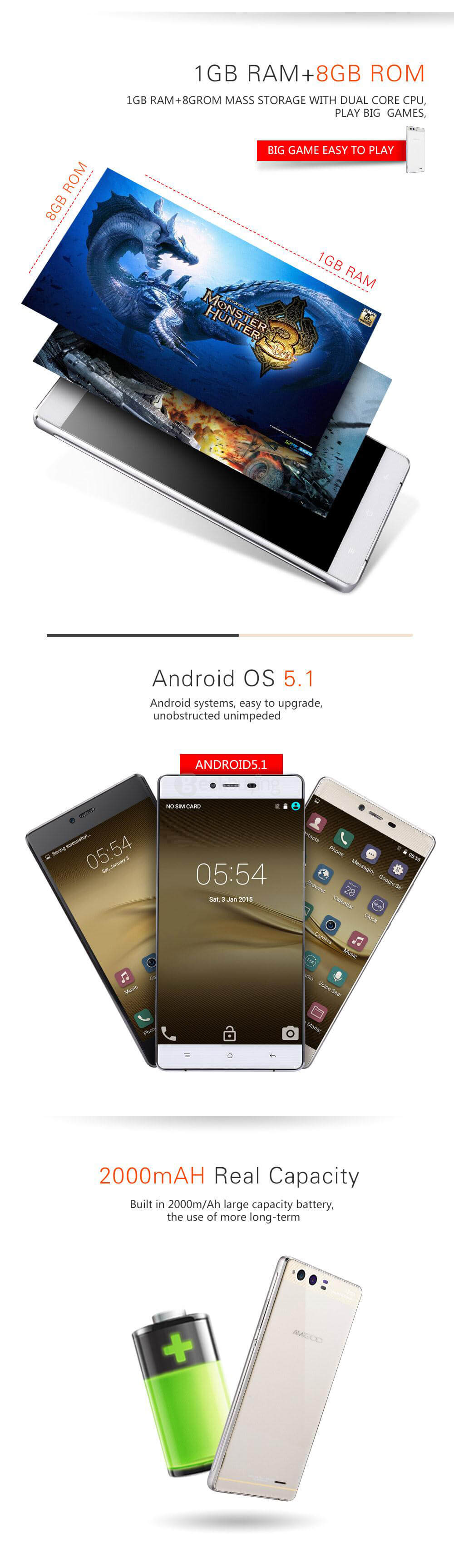 AMIGOO R900 5.5inch QHD IPS Screen 3G Android 5.1 MT6580 Quad Core Smartphone 1GB RAM 8GB ROM 8.0MP Camera 2000mAh WIFI GPS - White