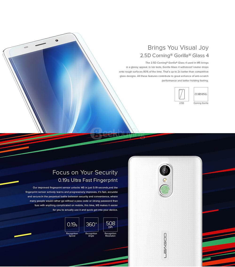 [HK Stock]LEAGOO M5 5.0inch HD 2.5D Arc Screen Android 6.0 Smartphone MT6580A Quad Core 1.3GHz 2GB RAM 16GB ROM 5.0MP 8.0MP TOUCH ID - Gray