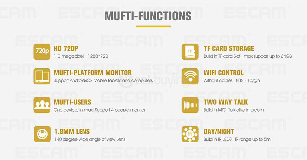 ESCAM QF600 Smart WiFi Doorbell IP Camera 720P HD Wireless Doorbell - Golden