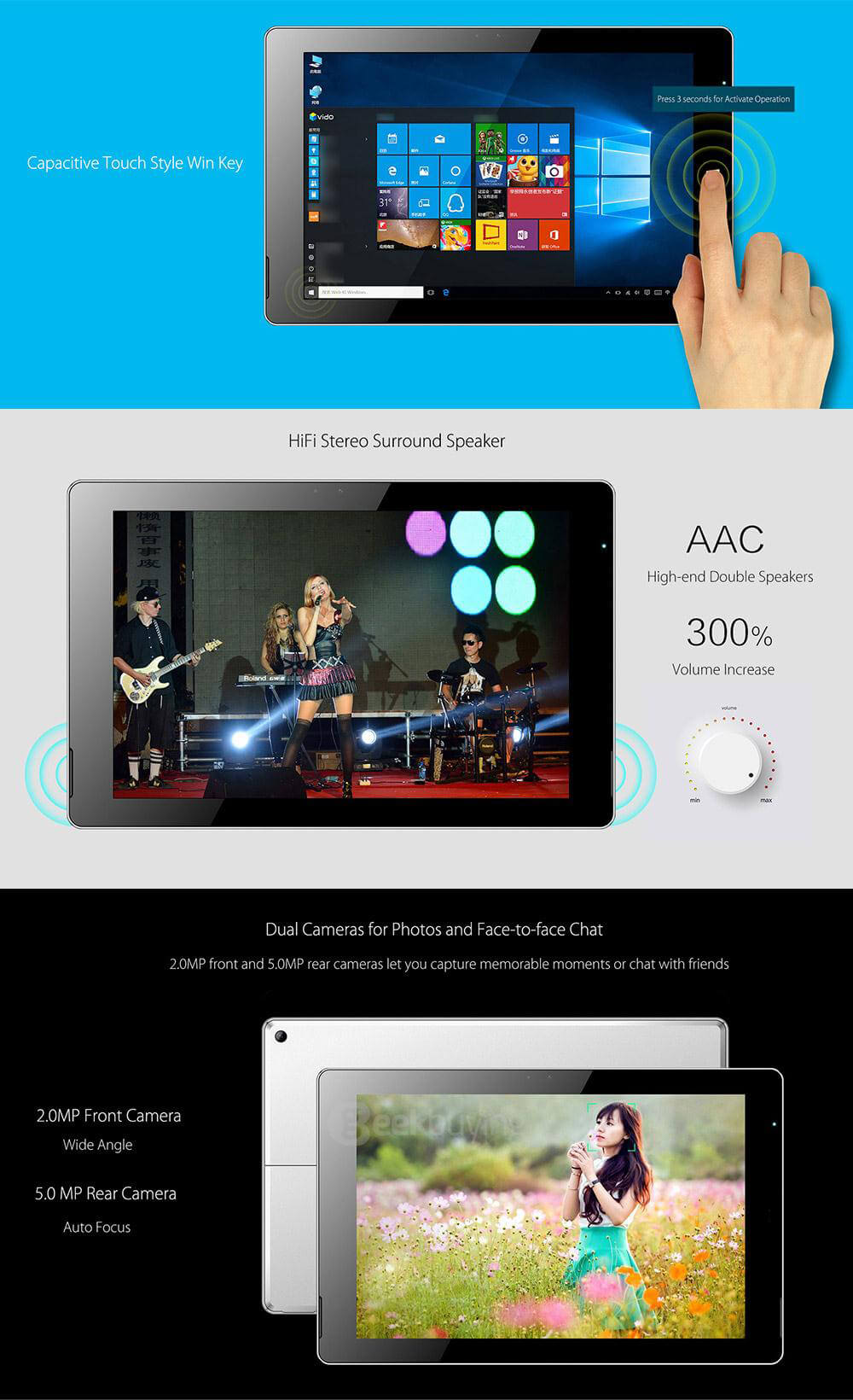 Vido W10 Elite Version Tablet 10.1 inch Windows 10 4GB/128GB Intel Cherry Trail X7 Z8700 Quad Core 2.4GHz IPS 1920*1200 Type-C Dual WiFi - Black