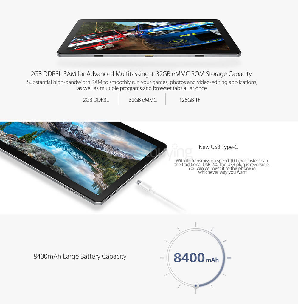 CHUWI Vi10 Plus Tablet PC 10.8 inch Remix 2.0 OS 2GB/32GB Intel Cherry Trail Z8300 Quad Core 1.84GHz IPS 1920*1280 Type-C - Black