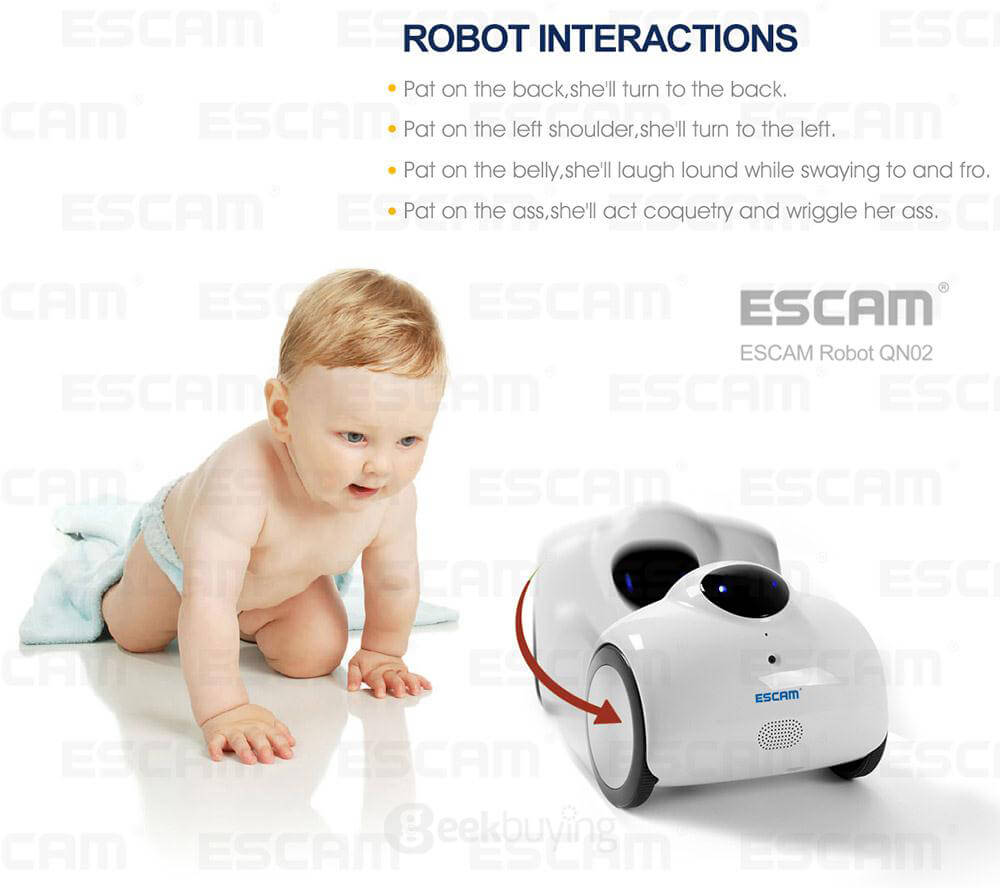 ESCAM Robot QN02 720P WiFi Mobile Camera Touch Interactive Move Laugh Automatically Charge Support Remote Video - White