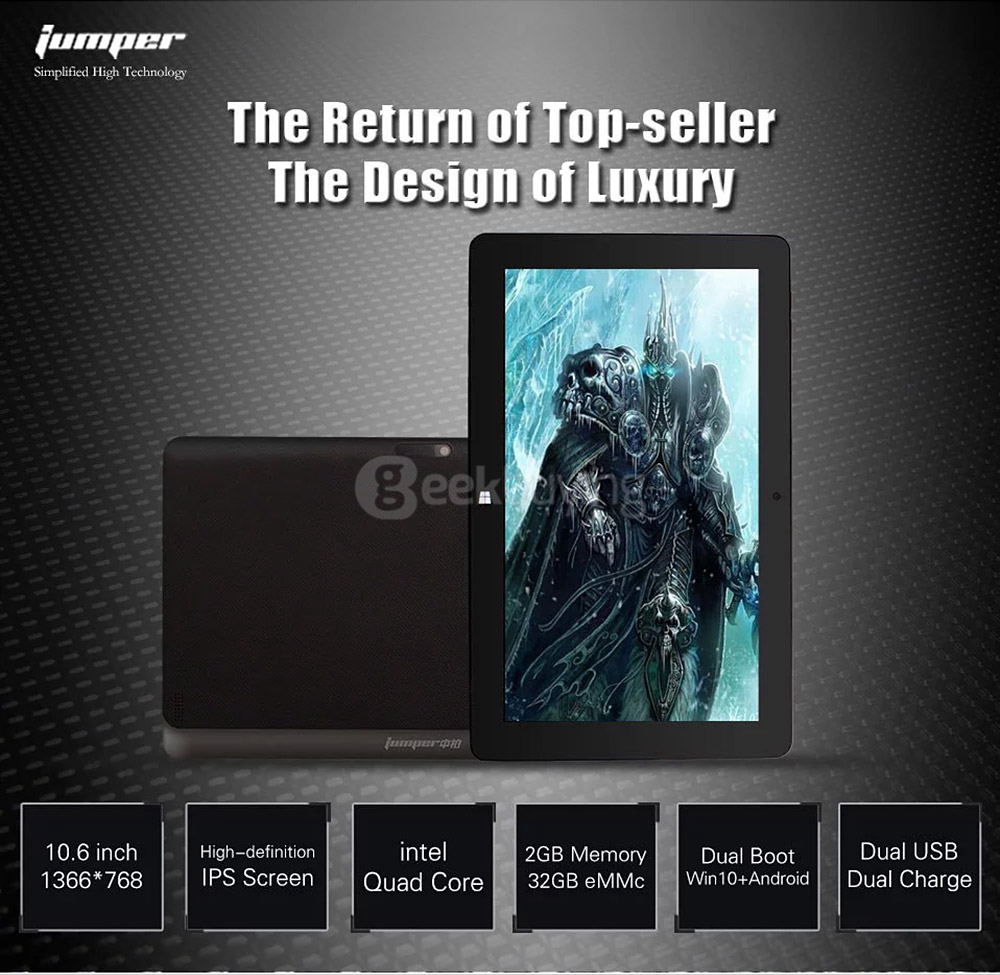 Jumper EZpad 4SE 2in1 Tablet 10.6 inch Dual Boot Windows 10 + Android 5.1 2GB/32GB Intel Z3735F Quad Core 1.83GHz IPS 1366*768 - Black