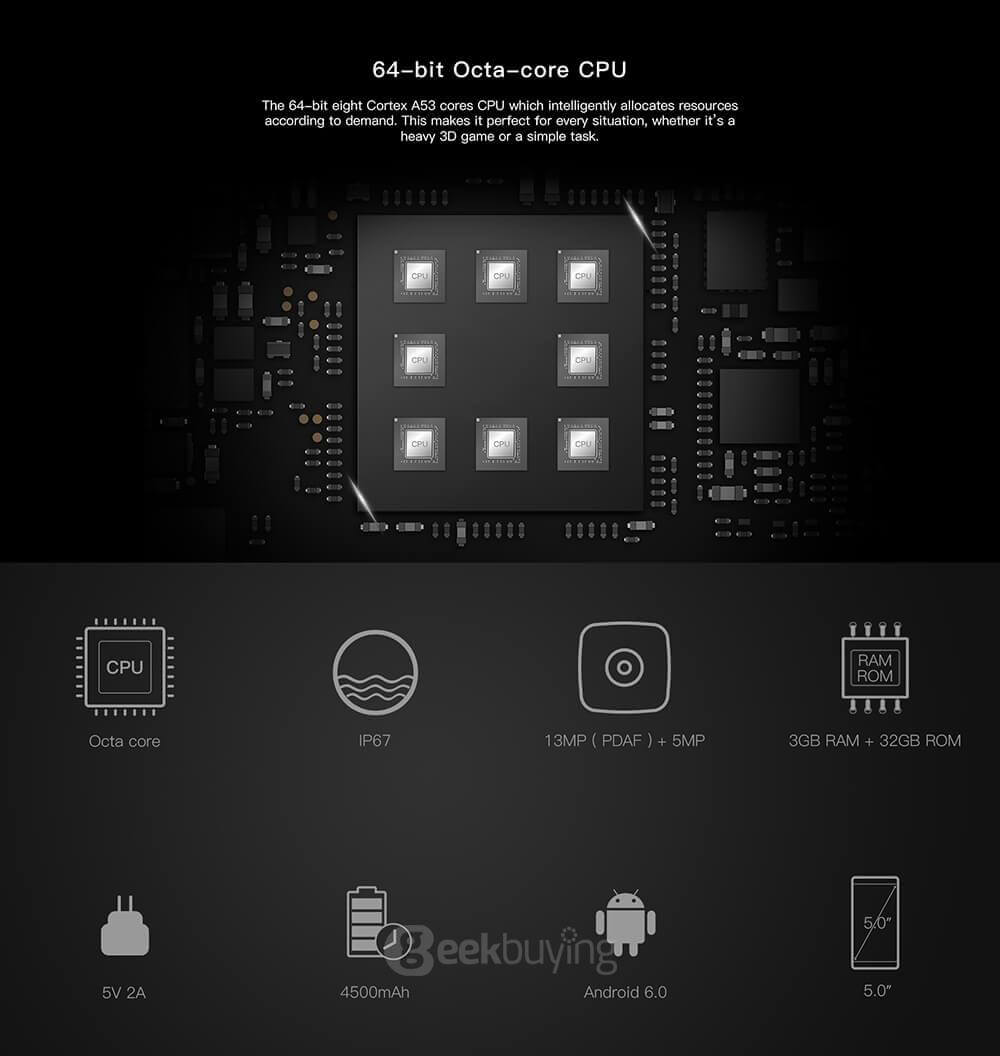 [HK Stock]Doogee T5 5.0inch HD IPS 4G LTE Android 6.0 Waterproof IP67 Rugged Smartphone MT6753 Octa Core 3GB 32GB 13.0MP 4500mAh OTG Hotknot - Black