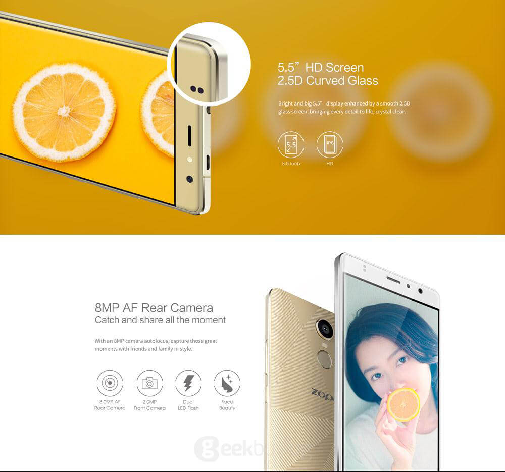 ZOPO HERO 2 5.5inch HD Screen 2.5D Glass 4G LTE Android 6.0 Smartphone MT6737 Quad Core 1.3GHz 1GB RAM 16GB ROM 8.0MP Camera Touch ID - White