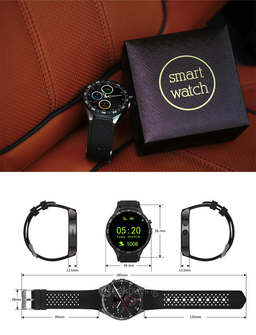 KingWear KW88 3G WiFi Smart Watch Phone Bluetooth 4.0 MTK6580 Heart Rate Monitor GPS Google Play Google Now 512MB RAM 4GB ROM 2.0MP Camera for Android iOS - Gold