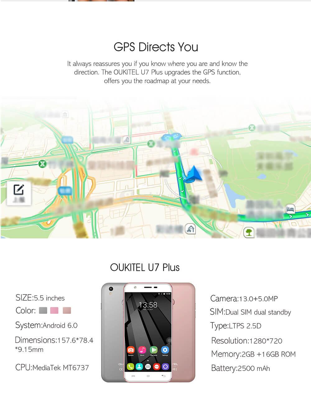 [HK Stock]OUKITEL U7 PLUS 5.5inch HD Android 6.0 4G LTE Smartphone MT6737 Quad Core 2GB RAM 16GB ROM 13.0MP Cameras Touch ID OTG - Rose Gold