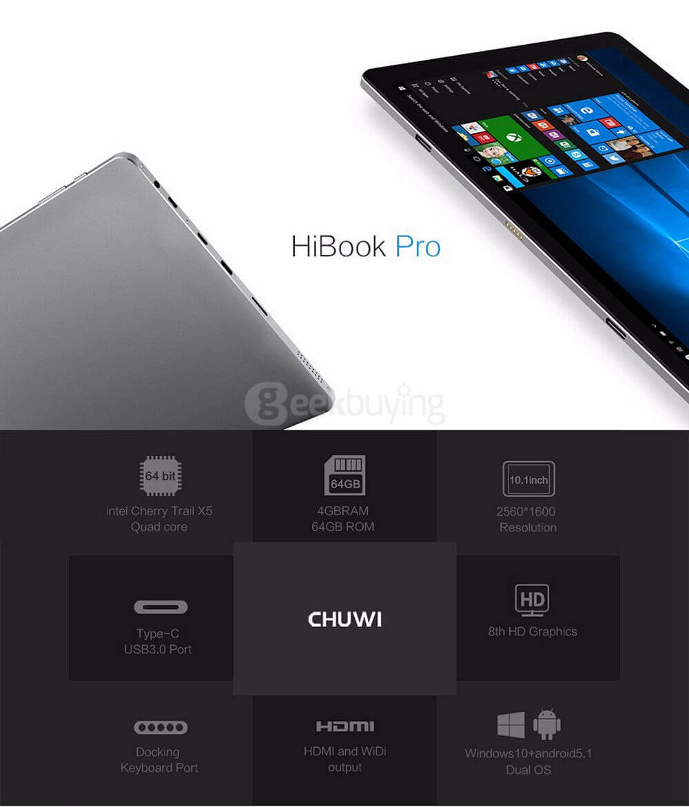 [Spain Stock] CHUWI HiBook Pro 2in1 Tablet Intel Cherry Trail Z8300 10.1 inch Dual OS Windows 10 + Android 5.1 4GB/64GB Quad Core 1.84GHz 2560*1600 OGS IPS Screen Type-C - Gray