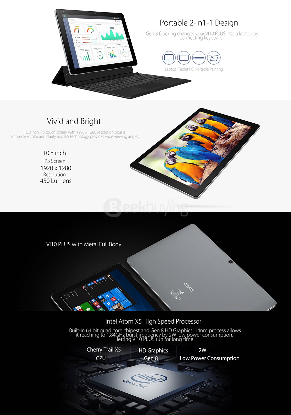 CHUWI Vi10 Plus Tablet PC 10.8 inch Dual OS Remix OS 2.0 + Windows 10 2GB/32GB Intel Cherry Trail Z8300 Quad Core 1.84GHz 1920*1280 Type-C - Gray