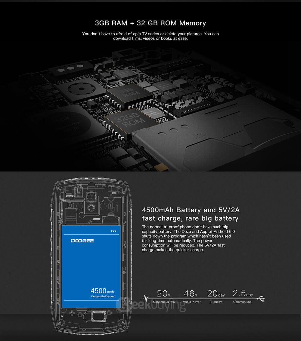 [HK Stock]Doogee T5 5.0inch HD IPS 4G LTE Android 6.0 Waterproof IP67 Rugged Smartphone MT6753 Octa Core 3GB 32GB 13.0MP 4500mAh OTG Hotknot - Black