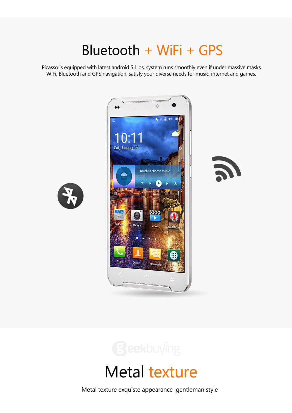 AMIGOO R300X 5.5 Inch QHD Screen 3G Android 5.1 Smartphone MT6580 Quad Core 512MB RAM 8GB ROM Dual Cameras 2800mAh WIFI GPS - White