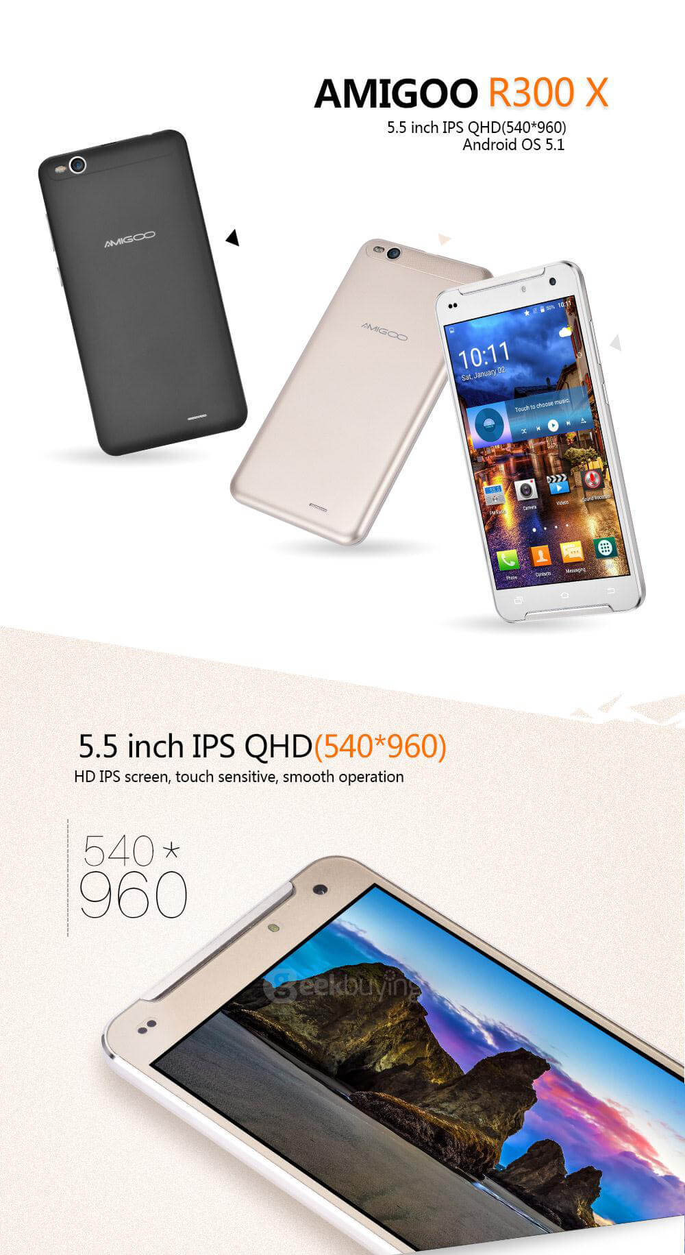 AMIGOO R300X 5.5 Inch QHD Screen 3G Android 5.1 Smartphone MT6580 Quad Core 512MB RAM 8GB ROM Dual Cameras 2800mAh WIFI GPS - White