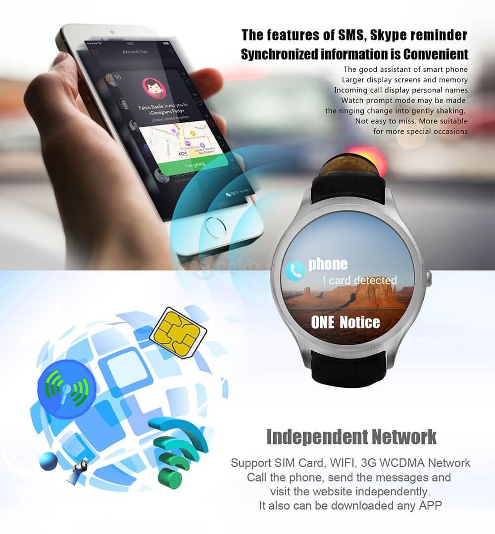 No.1 D5+ Android 5.1 3G Smartwatch Phone MTK6580 Quad Core 1.3GHZ 1GB/8GB 1.3 inch IPS Screen GPS WiFi Bluetooth 4.0 Heart Rate Monitor - Black