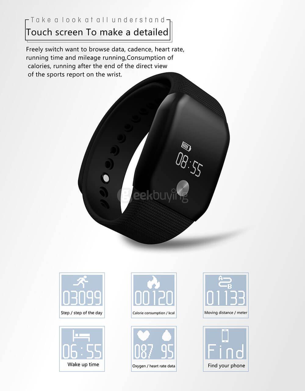 A88+ Bluetooth 4.0 Smart Bracelet Blood Oxygen Heart Rate Sleep Monitor Pedometer Call Reminder for Android iOS - White
