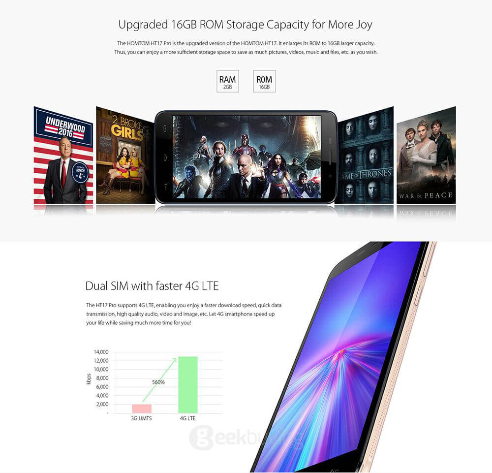 [HK Stock][Package B]HOMTOM HT17 Pro 5.5inch HD Android 6.0 4G LTE MT6737 Quad Core 2GB RAM 16GB ROM Smartphone(Gold) + Tempered Glass + Back Case