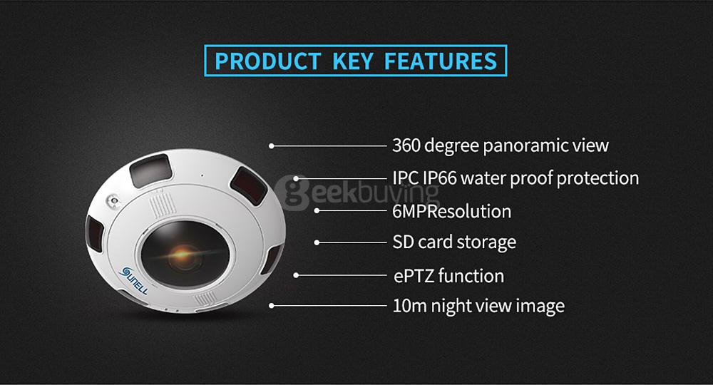 SUNELL SN-IPV56/60HD 6MP Fish Camera 360 Degree Panoramic IR Range 10m IP66 Waterproof Night Vision Camera