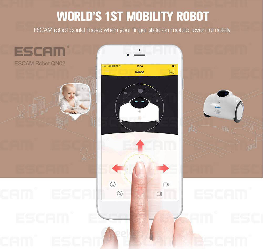 ESCAM Robot QN02 720P WiFi Mobile Camera Touch Interactive Move Laugh Automatically Charge Support Remote Video - White