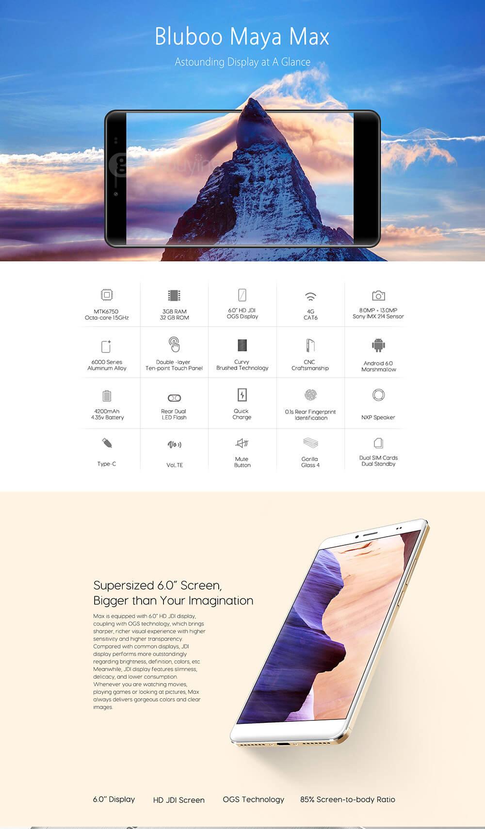[HK Stock]Bluboo Maya Max 6.0inch HD 4G VOLTE Android 6.0 Smartphone 64bit MT6750 Octa Core 3GB 32GB 5.0MP 13.0MP 4200mAh Touch ID Type-C - Gray