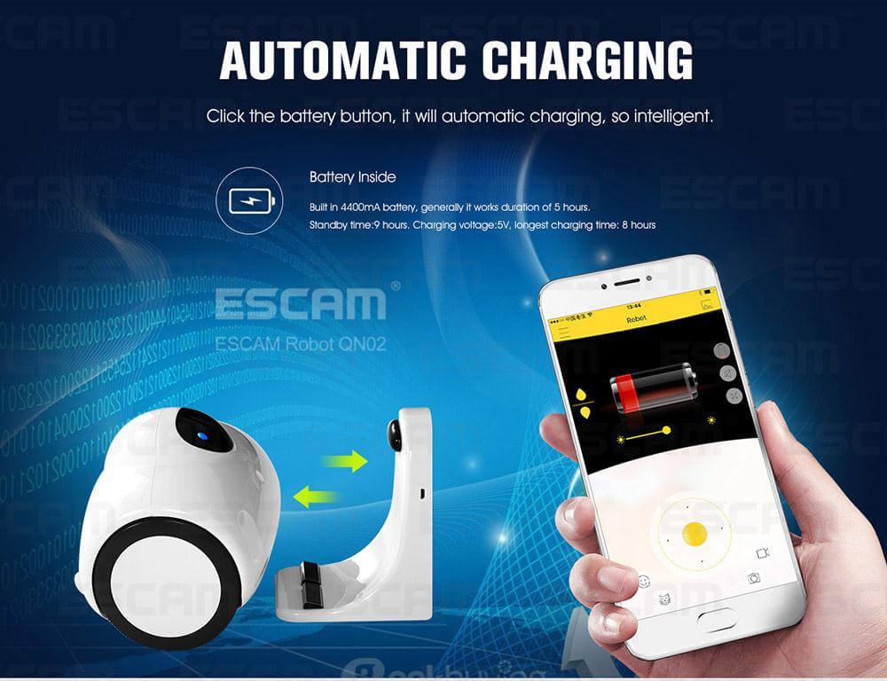 ESCAM Robot QN02 720P WiFi Mobile Camera Touch Interactive Move Laugh Automatically Charge Support Remote Video - White