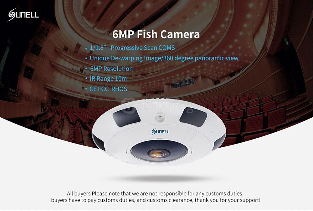 SUNELL SN-IPV56/60HD 6MP Fish Camera 360 Degree Panoramic IR Range 10m IP66 Waterproof Night Vision Camera