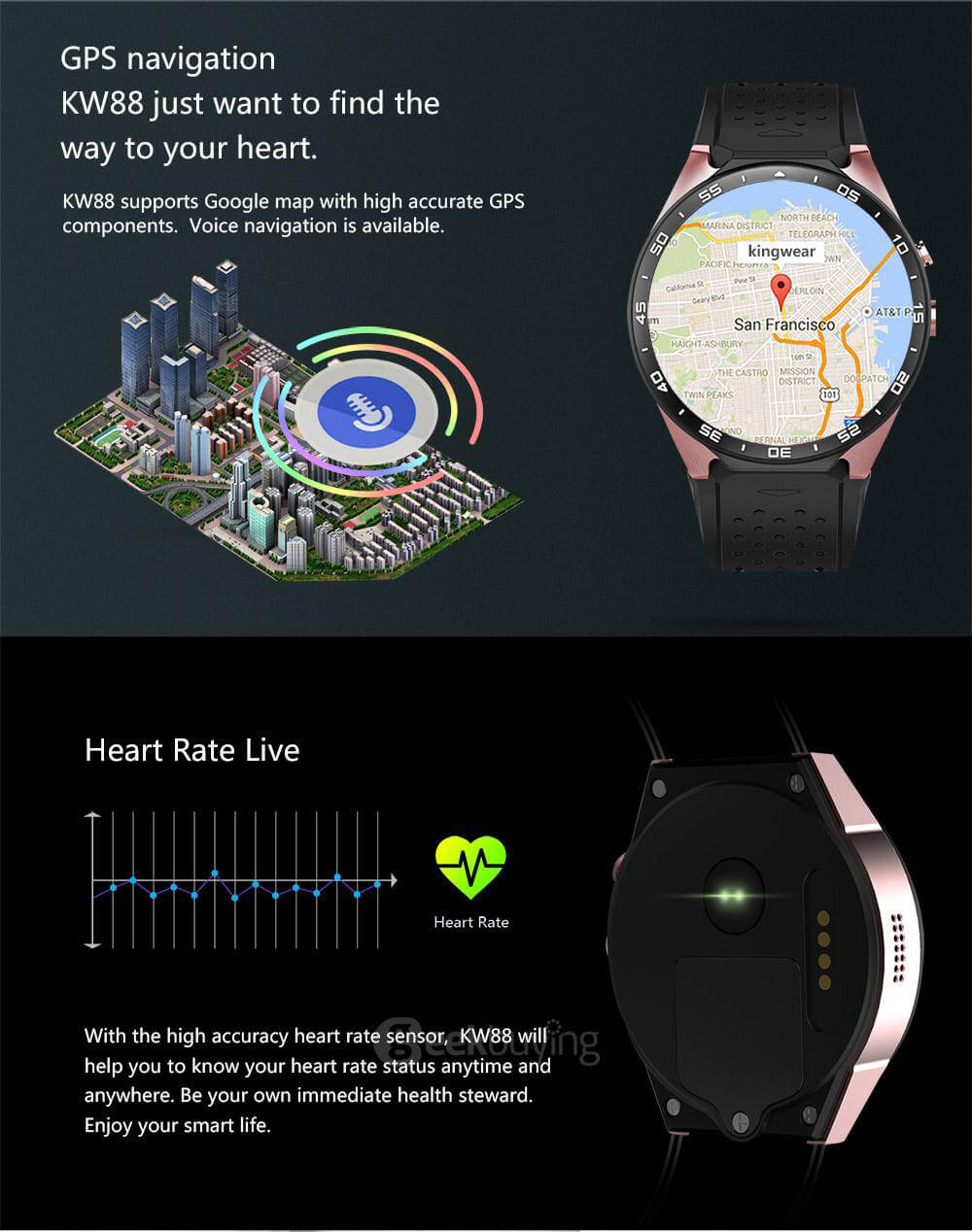 [Spain Stock] KingWear KW88 3G WiFi Smart Watch Phone Bluetooth 4.0 MTK6580 Heart Rate Monitor GPS Google Play Google Now 512MB RAM 4GB ROM 2.0MP Camera for Android iOS - Black