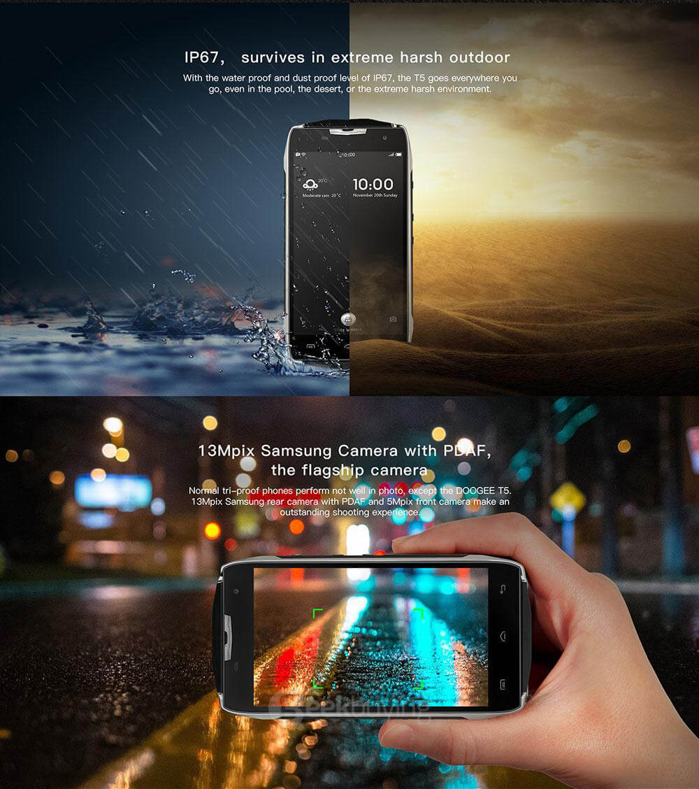 [HK Stock]Doogee T5 5.0inch HD IPS 4G LTE Android 6.0 Waterproof IP67 Rugged Smartphone MT6753 Octa Core 3GB 32GB 13.0MP 4500mAh OTG Hotknot - Black