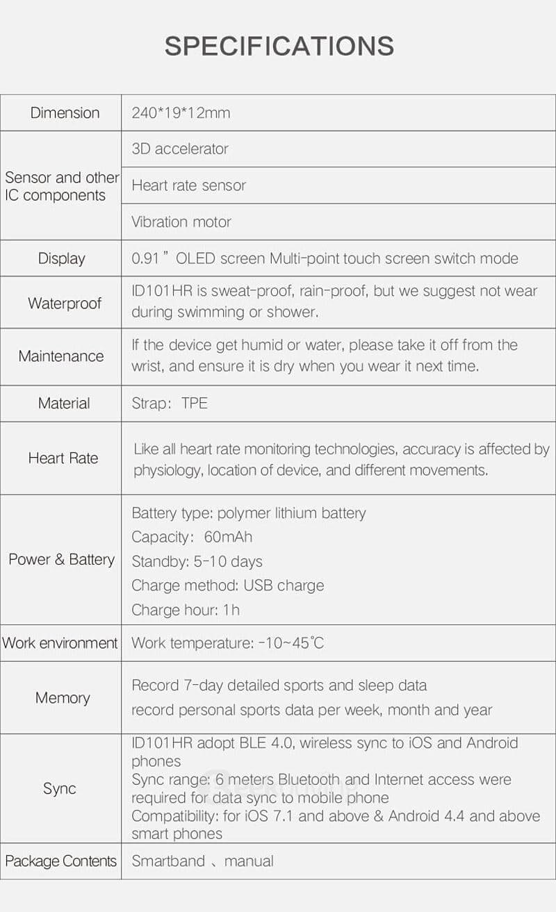 Makibes ID101 Smart Bracelet Bluetooth 4.0 Heart Rate Monitor Pedometer Sleep Tracker Call Reminder Remote Camera Anti-lost for Android iOS - Black
