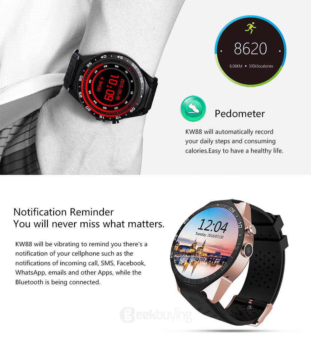 [Spain Stock] KingWear KW88 3G WiFi Smart Watch Phone Bluetooth 4.0 MTK6580 Heart Rate Monitor GPS Google Play Google Now 512MB RAM 4GB ROM 2.0MP Camera for Android iOS - Black