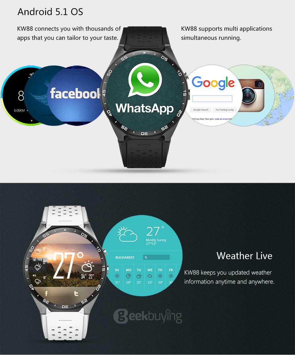 [Spain Stock] KingWear KW88 3G WiFi Smart Watch Phone Bluetooth 4.0 MTK6580 Heart Rate Monitor GPS Google Play Google Now 512MB RAM 4GB ROM 2.0MP Camera for Android iOS - Black