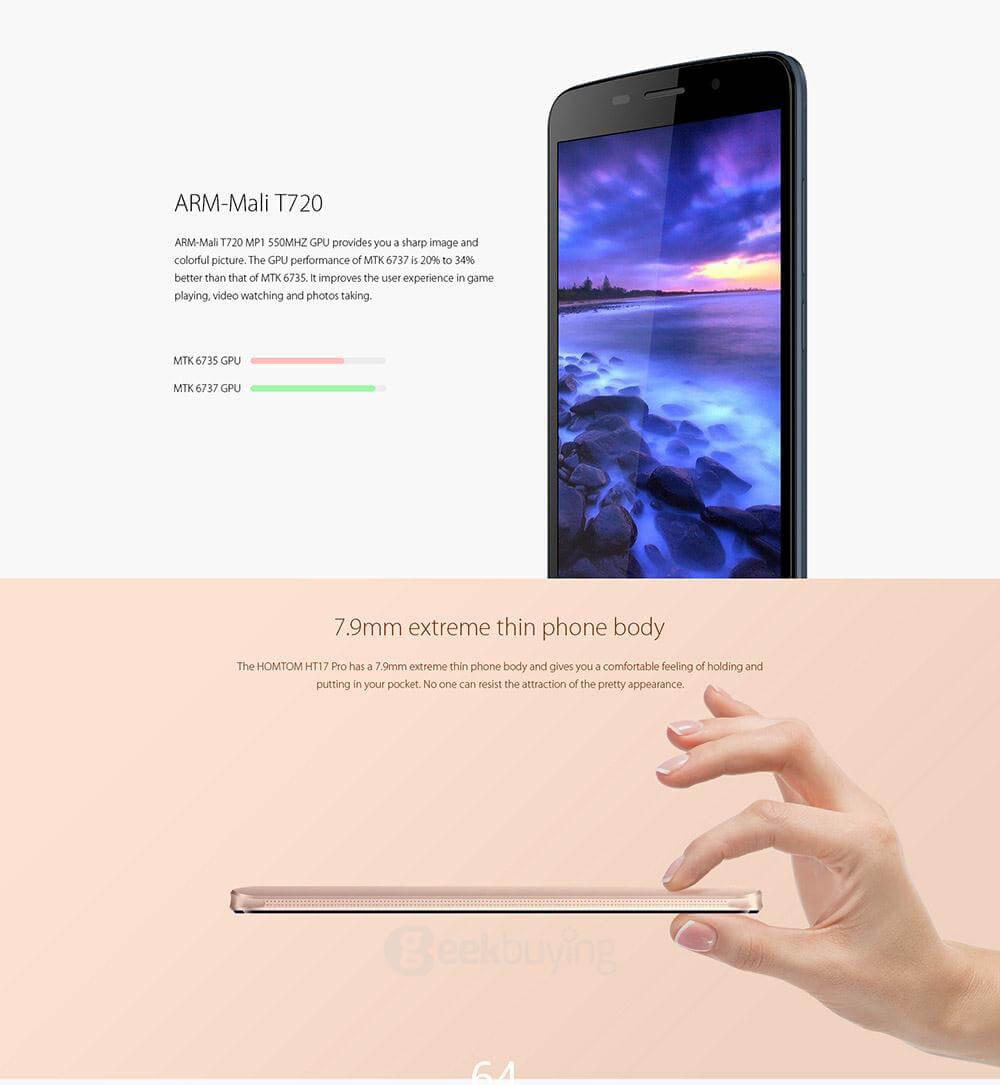 [HK Stock]HOMTOM HT17 Pro 5.5inch HD Android 6.0 4G LTE Smartphone MT6737 Quad Core 2GB RAM 16GB ROM 13.0MP Touch ID OTG Hotknot - Gold