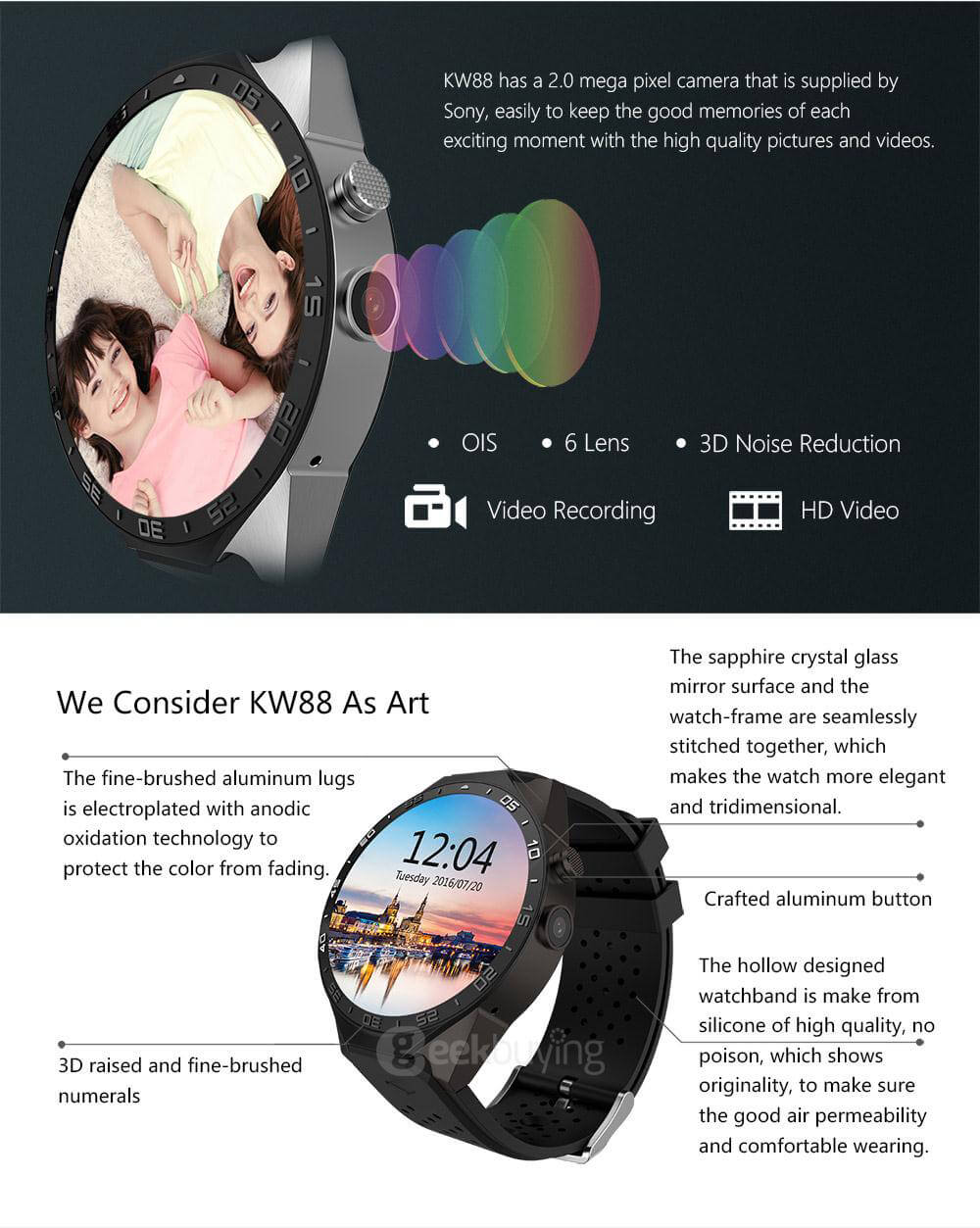 KingWear KW88 3G WiFi Smart Watch Phone Bluetooth 4.0 MTK6580 Heart Rate Monitor GPS Google Play Google Now 512MB RAM 4GB ROM 2.0MP Camera for Android iOS - White