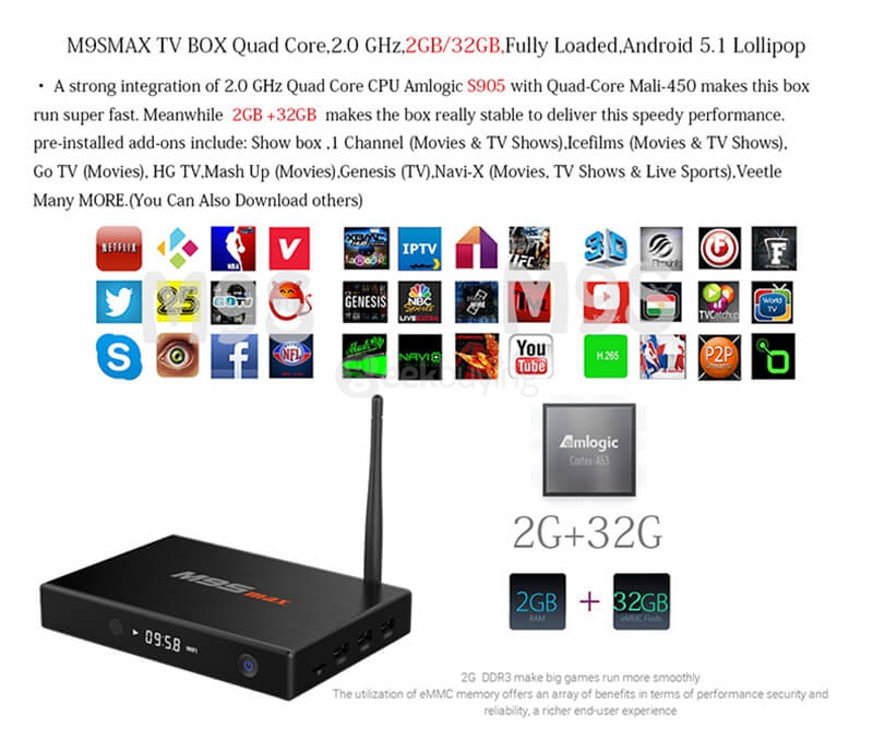 M9S MAX Android 5.1 Lollipop Amlogic S905 4K TV BOX 2G/32G 2.4G+5G WIFI 1000M LAN Bluetooth KODI