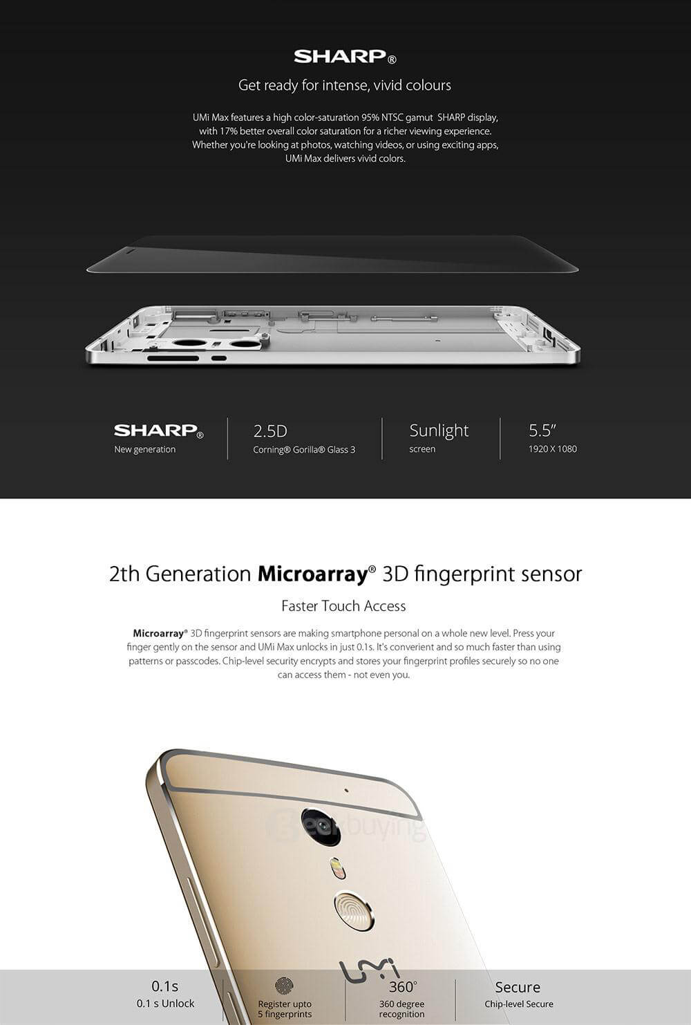 [HK Stock]UMI MAX 5.5inch FHD 4G LTE 4000mAh Android 6.0 Smartphone MT6755 Helio P10 Octa Core 3GB 16GB 13.0MP Touch ID Type-C LED Notification - Gold