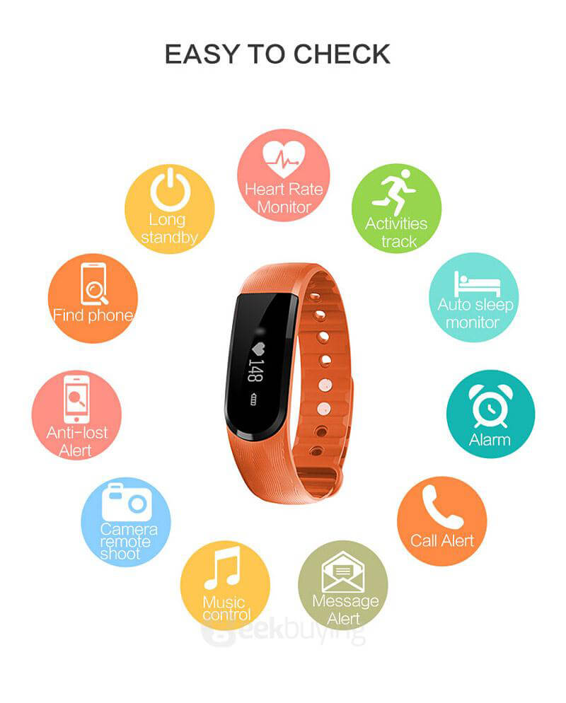 Makibes ID101 Smart Bracelet Bluetooth 4.0 Heart Rate Monitor Pedometer Sleep Tracker Call Reminder Remote Camera Anti-lost for Android iOS - Black