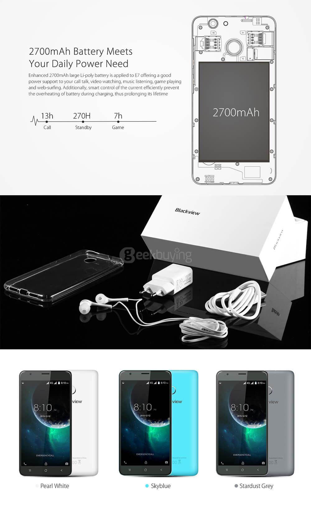 [HK Stock]BLACKVIEW E7 5.5inch HD Arc Screen Android 6.0 4G LTE Smartphone MT6737 Quad Core 1GB RAM 16GB ROM 2.0MP 8.0MP Touch ID - Dark gray