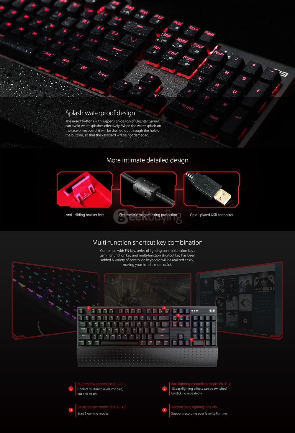 Elephone EleEnter Game1 Professional USB Wired Gaming Keyboard 104 Keys Colorful RGB LED Backlit for Computer Laptop PC - Black (US Standard)