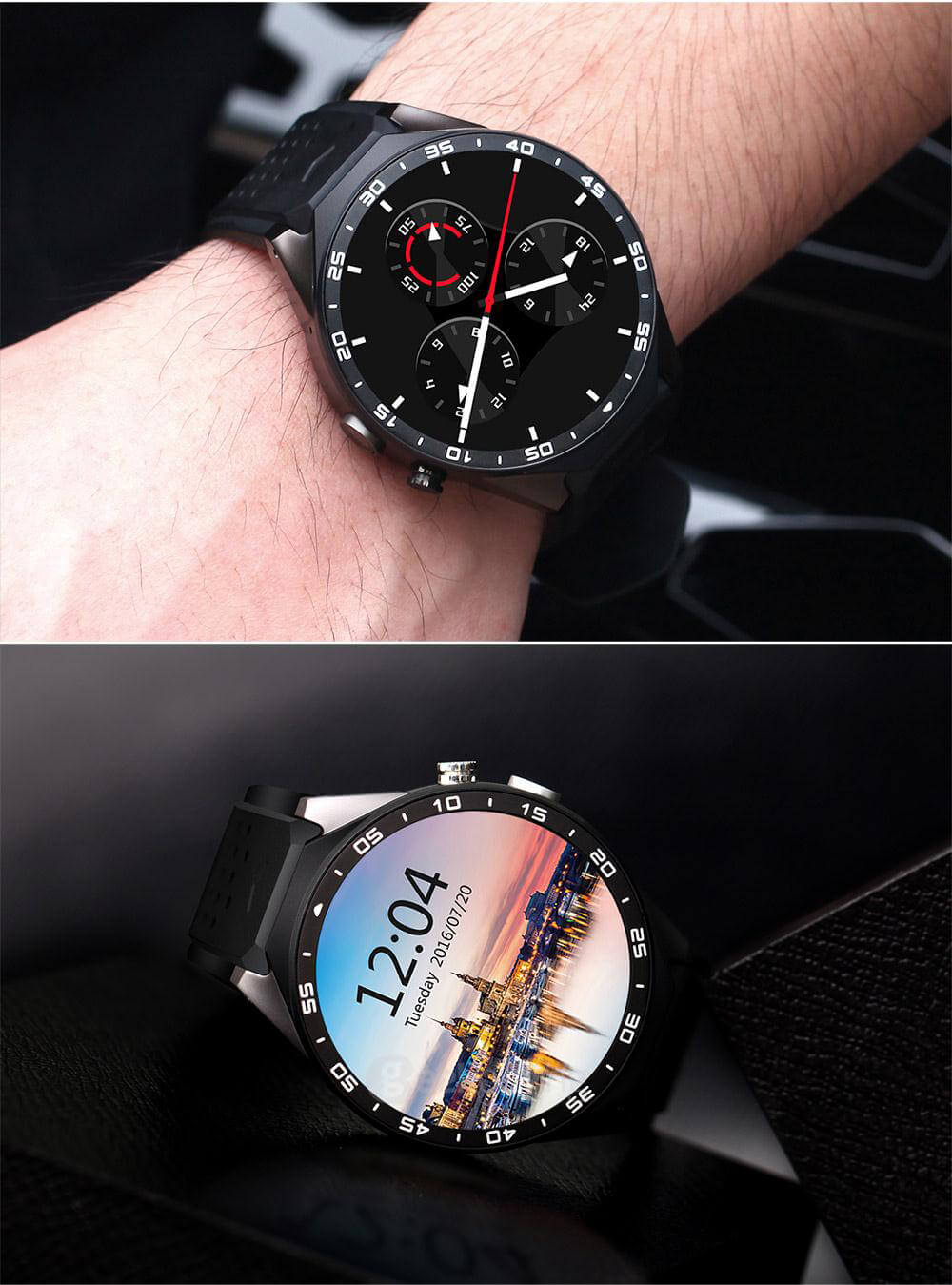 [Spain Stock] KingWear KW88 3G WiFi Smart Watch Phone Bluetooth 4.0 MTK6580 Heart Rate Monitor GPS Google Play Google Now 512MB RAM 4GB ROM 2.0MP Camera for Android iOS - Black