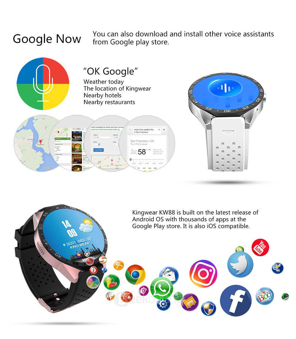 [Spain Stock] KingWear KW88 3G WiFi Smart Watch Phone Bluetooth 4.0 MTK6580 Heart Rate Monitor GPS Google Play Google Now 512MB RAM 4GB ROM 2.0MP Camera for Android iOS - Black