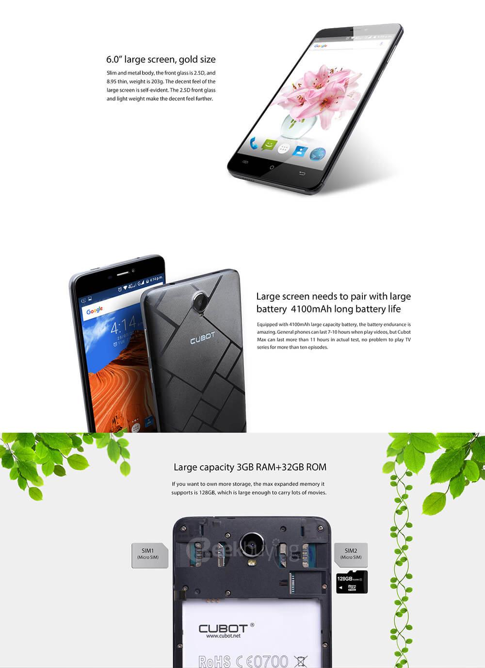 [HK Stock]CUBOT MAX 6.0inch HD Screen 4G LTE Android 6.0 Smartphone 64bit MTK6753A Octa Core 3GB RAM 32GB ROM 13.0MP 4100mAh OTG Hotknot - Black