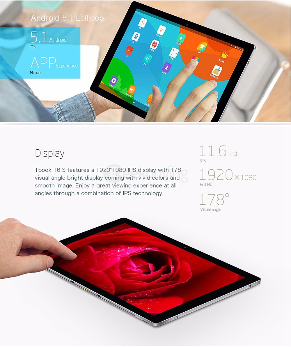 Teclast Tbook 16S 2in1 Tablet PC 11.6 inch Dual OS Windows 10 + Android 5.1 4GB/64GB Intel Cherry Trail X5 Z8300 Quad Core 1.84GHz IPS 1920*1080 - Gray