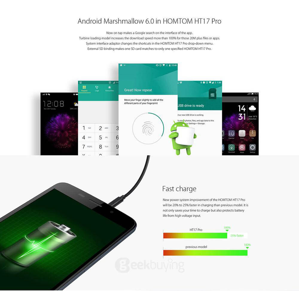 [HK Stock]HOMTOM HT17 Pro 5.5inch HD Android 6.0 4G LTE Smartphone MT6737 Quad Core 2GB RAM 16GB ROM 13.0MP Touch ID OTG Hotknot - Gold