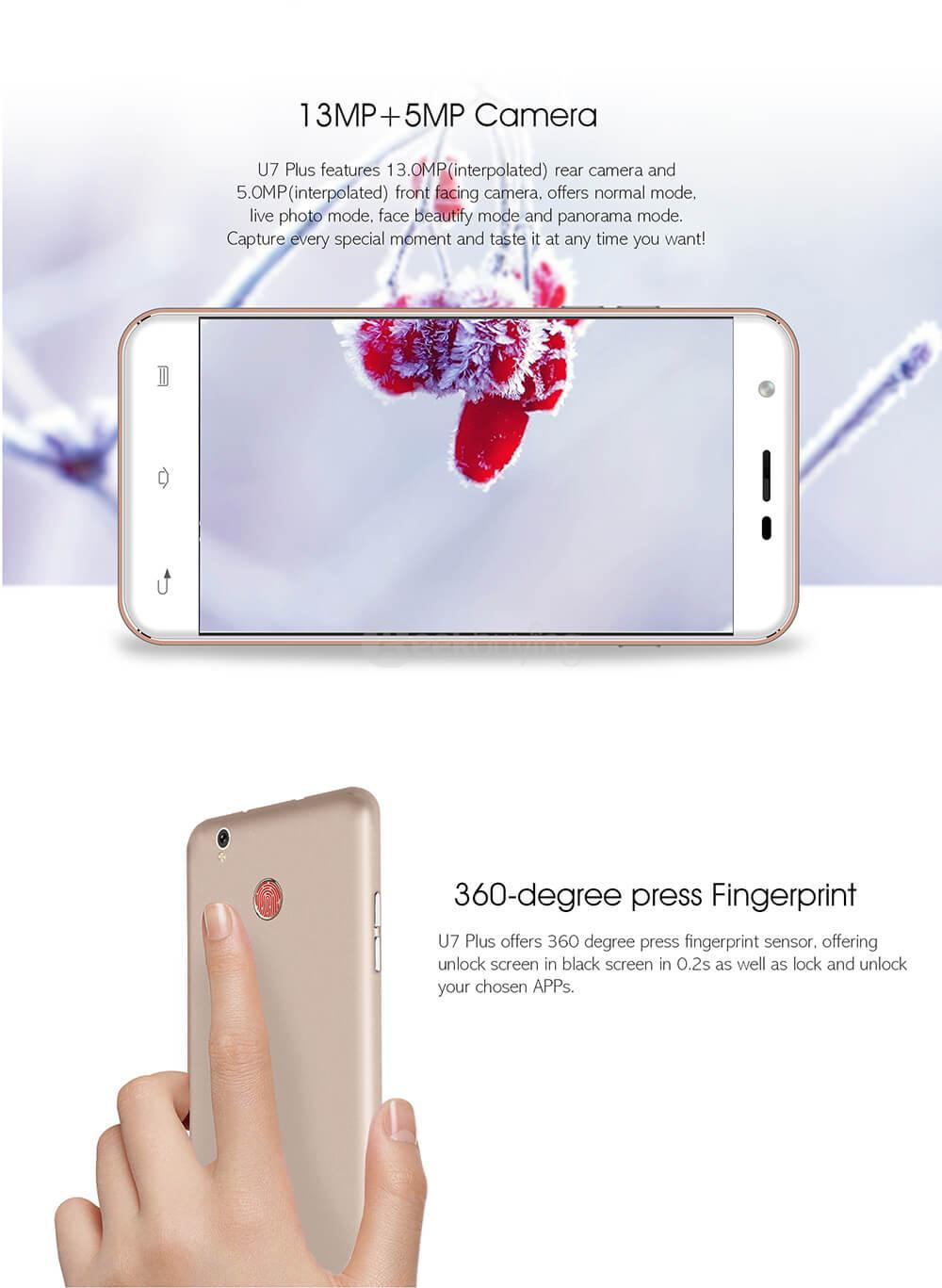[HK Stock]OUKITEL U7 PLUS 5.5inch HD Android 6.0 4G LTE Smartphone MT6737 Quad Core 2GB RAM 16GB ROM 13.0MP Cameras Touch ID OTG - Rose Gold
