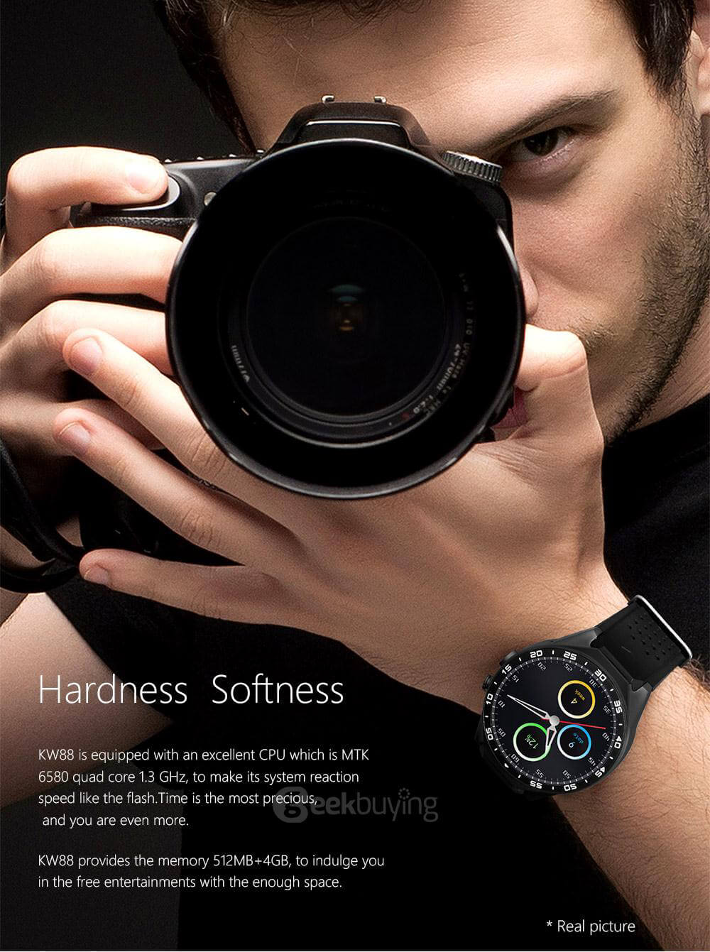[Spain Stock] KingWear KW88 3G WiFi Smart Watch Phone Bluetooth 4.0 MTK6580 Heart Rate Monitor GPS Google Play Google Now 512MB RAM 4GB ROM 2.0MP Camera for Android iOS - Black