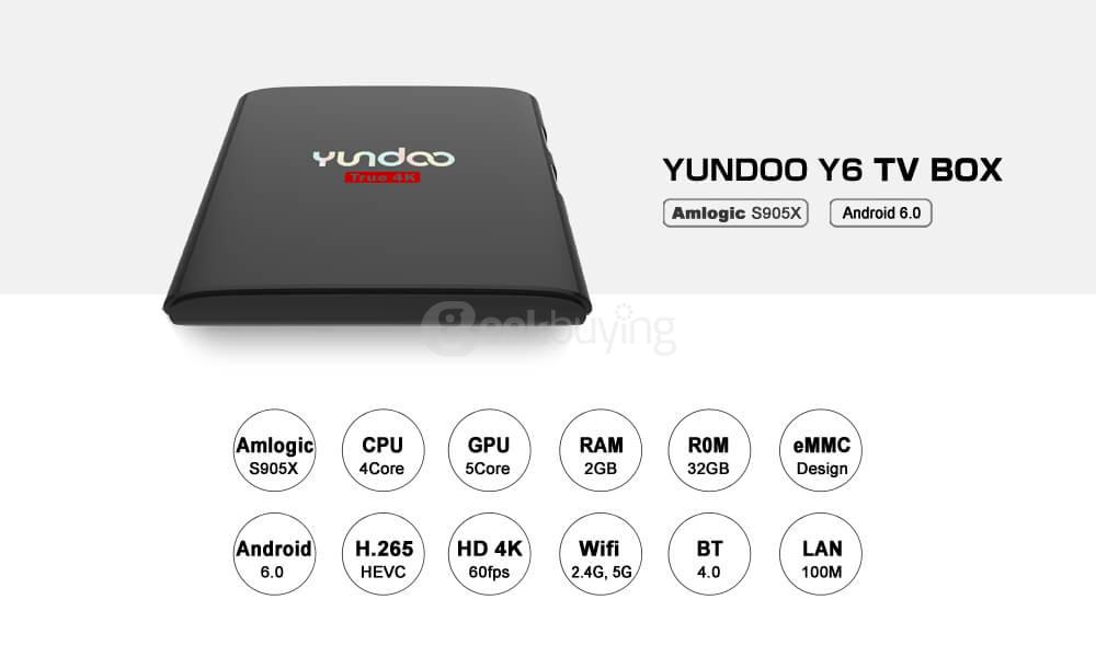 YUNDOO Y6 Android 6.0 Marshmallow Amlogic S905X TV BOX KODI 2G/32G 2.4G/5G WIFI LAN Bluetooth
