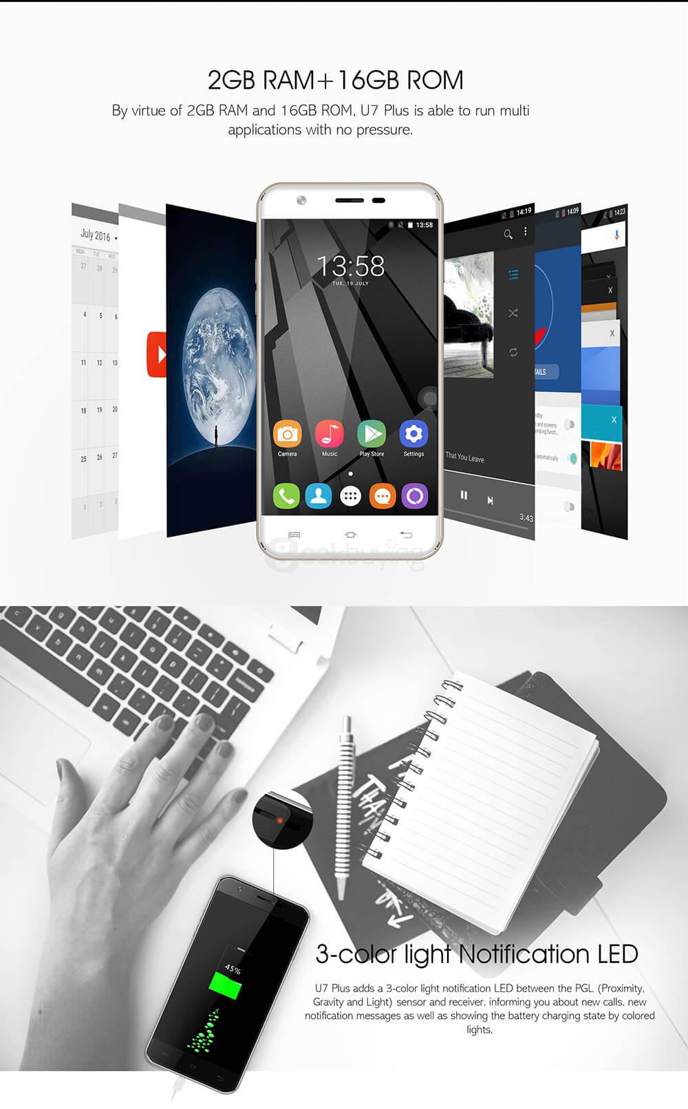 [HK Stock]OUKITEL U7 PLUS 5.5inch HD Android 6.0 4G LTE Smartphone MT6737 Quad Core 2GB RAM 16GB ROM 13.0MP Cameras Touch ID OTG - Gold